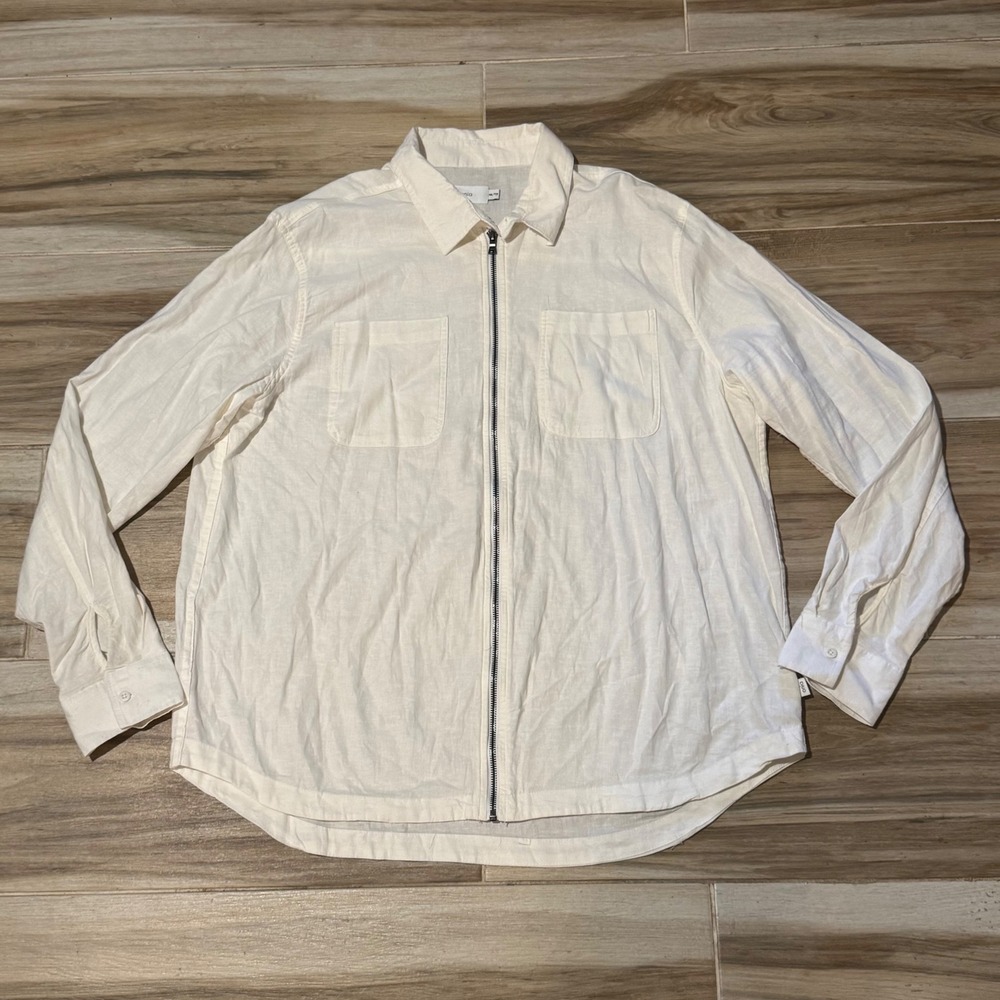 Onia Mens Linen Blend Full Zip Long Sleeve Shirt Cream XXL OM 21 683